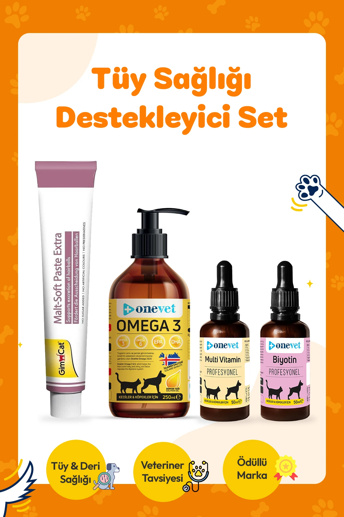 [8687482261154] Gimcat Malt Soft Extra 100 Gr + OneVet Multivitamin Paste 100 Gr + OneVet Biotin 50 Ml + OneVet Omega 3 250 Ml