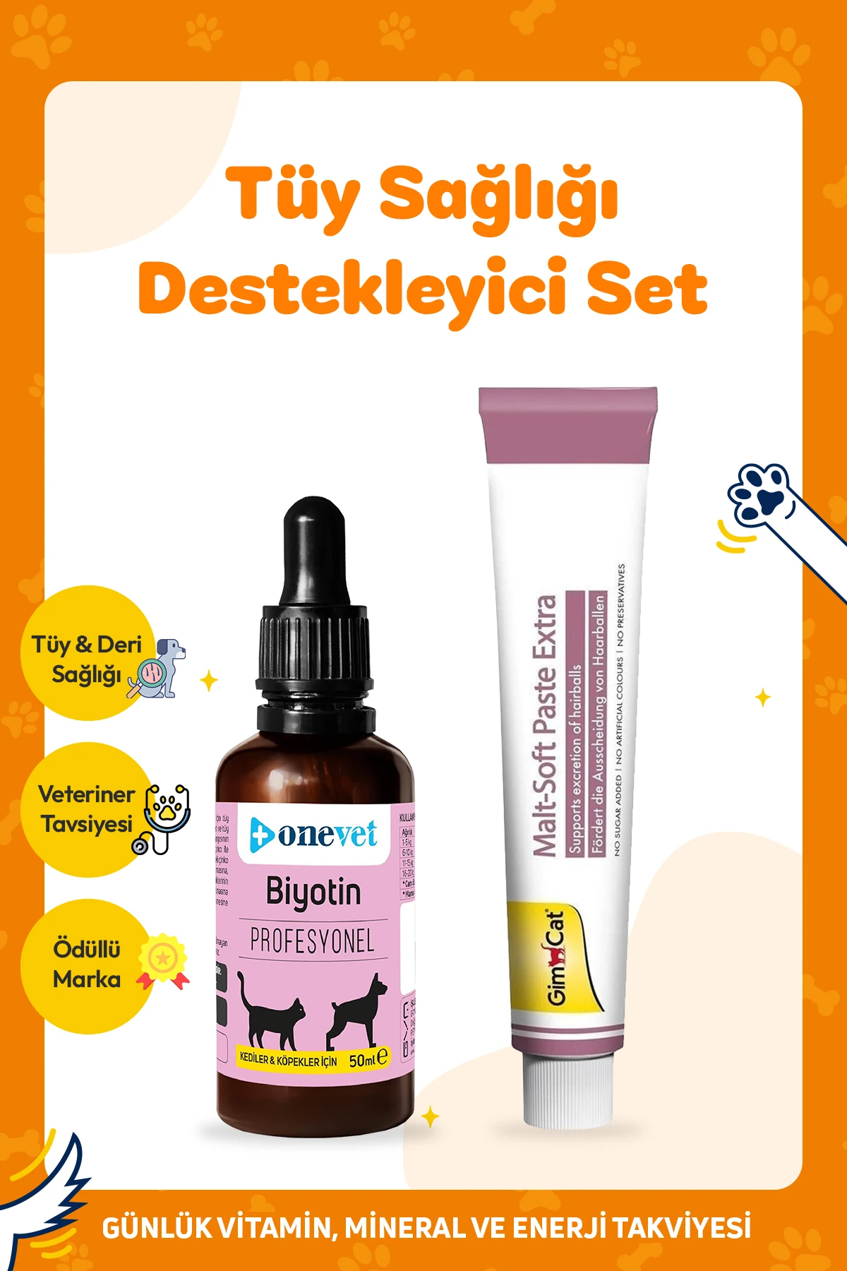 [8684489391297] Gimcat Malt Soft Extra Kedi Macunu + OneVet Biotin Tüy Dökülmesini Önleyici Damla 50 Ml