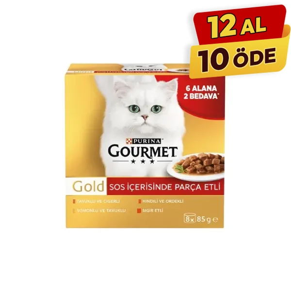 [12626477] Gourmet Gold Sos İçinde Parça Etli Karışık Lezettler Yetişkin Konserve Kedi Maması (1 Adet, 8 Al 6 Öde)