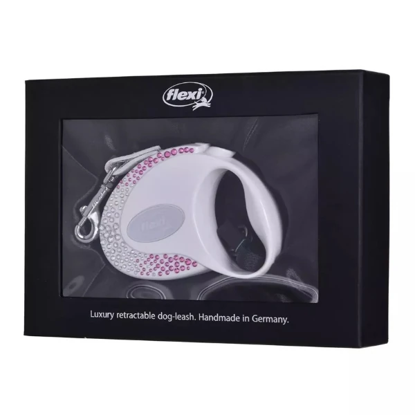 [235-180002B] Flexi Glam Kristalli Şerit Otomatik Köpek Gezdirme Tasması (Beyaz)