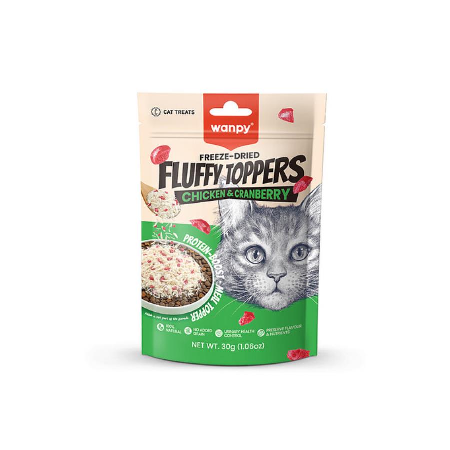 Wanpy Fluffy Topper Dondurularak Kurutulmuş Tavuklu ve Kızılcıklı Kedi Ödül Maması 30 Gr