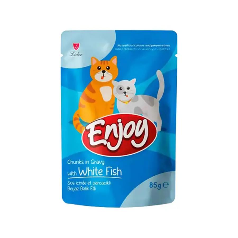 Enjoy Pouch Sos İçinde Et Parçacıklı Beyaz Balıklı Yetişkin Kedi Konservesi 85 Gr