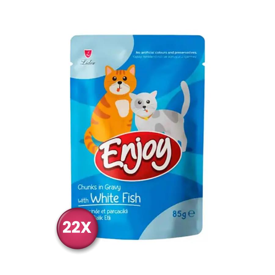 Enjoy Pouch Sos İçinde Et Parçacıklı Beyaz Balıklı Yetişkin Kedi Konservesi 85 Gr x 22 Adet