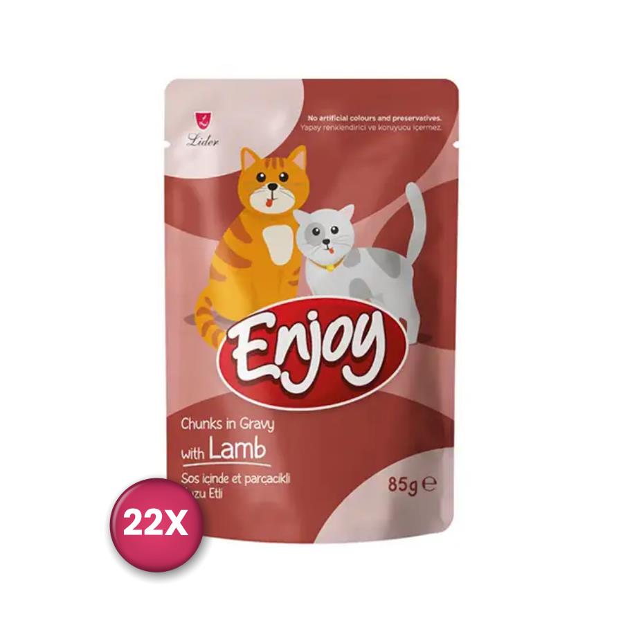 [ENK-302-22] Enjoy Pouch Sos İçinde Et Parçacıklı Kuzu Etli Yetişkin Kedi Konservesi 85 Gr x 22 Adet