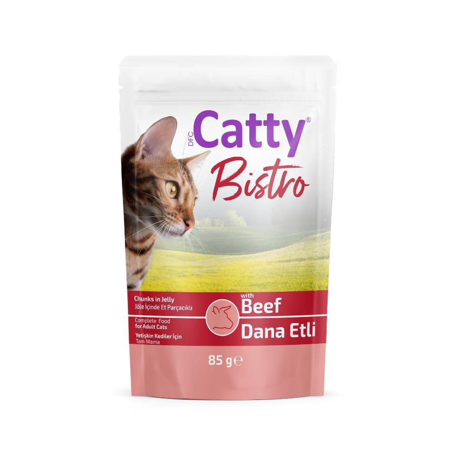 [8680542873687] Catty Bistro Jöle İçinde Et Parçacıklı Dana Etli Yetişkin Kedi Konservesi 85 Gr