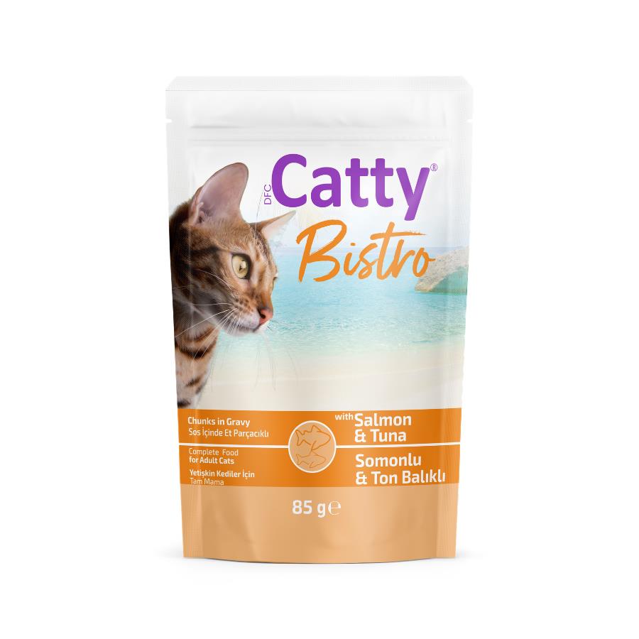 [8680542873724] Catty Bistro Sos İçinde Somonlu Ton Balıklı Yetişkin Kedi Konservesi 85 Gr