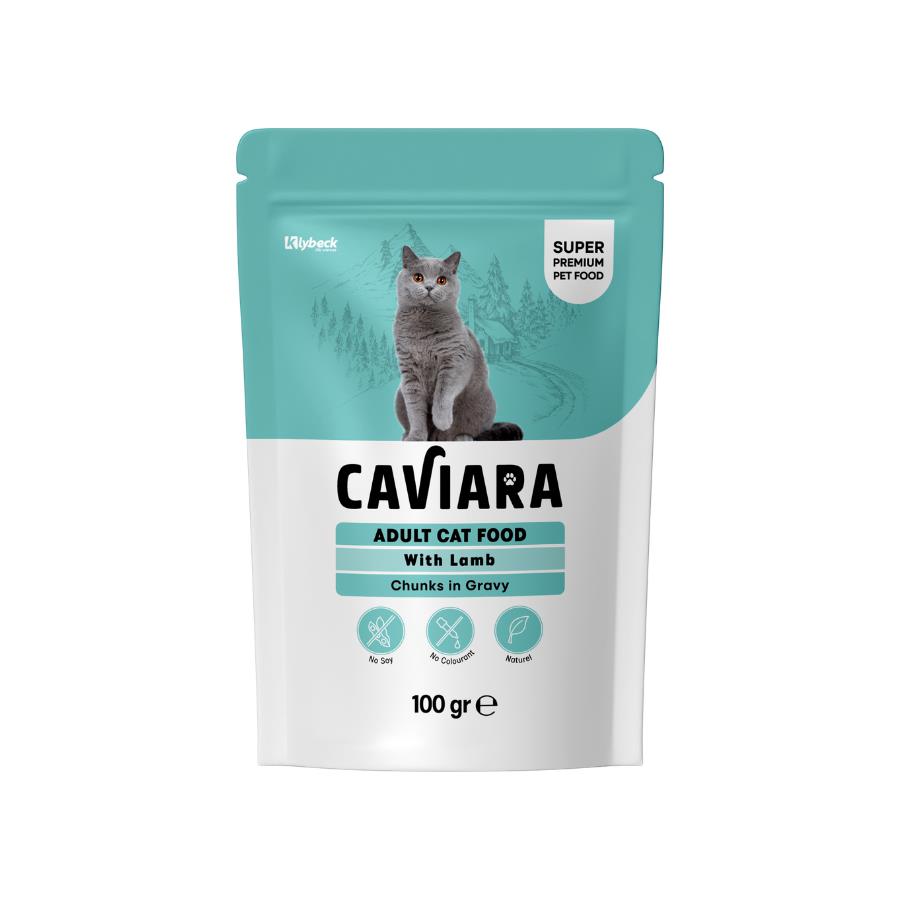 Caviara Pouch Sos İçinde Et Parçacıklı Kuzu Etli Yetişkin Kedi Konservesi