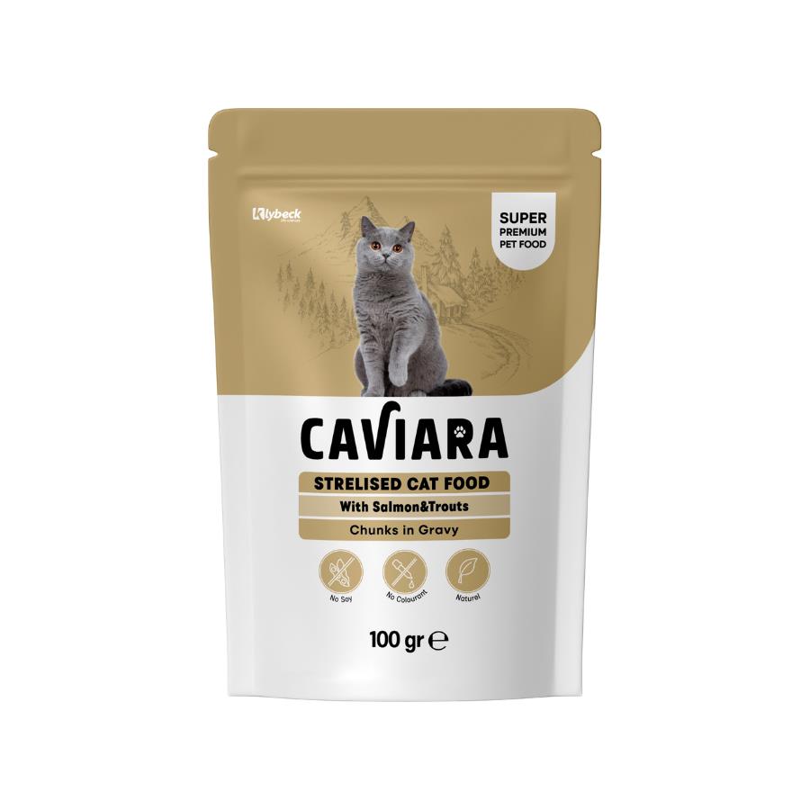 [KL-157] Caviara Pouch Sos İçinde Et Parçacıklı Somon ve Alabalıklı Kısırlaştırılmış Yetişkin Kedi Konservesi