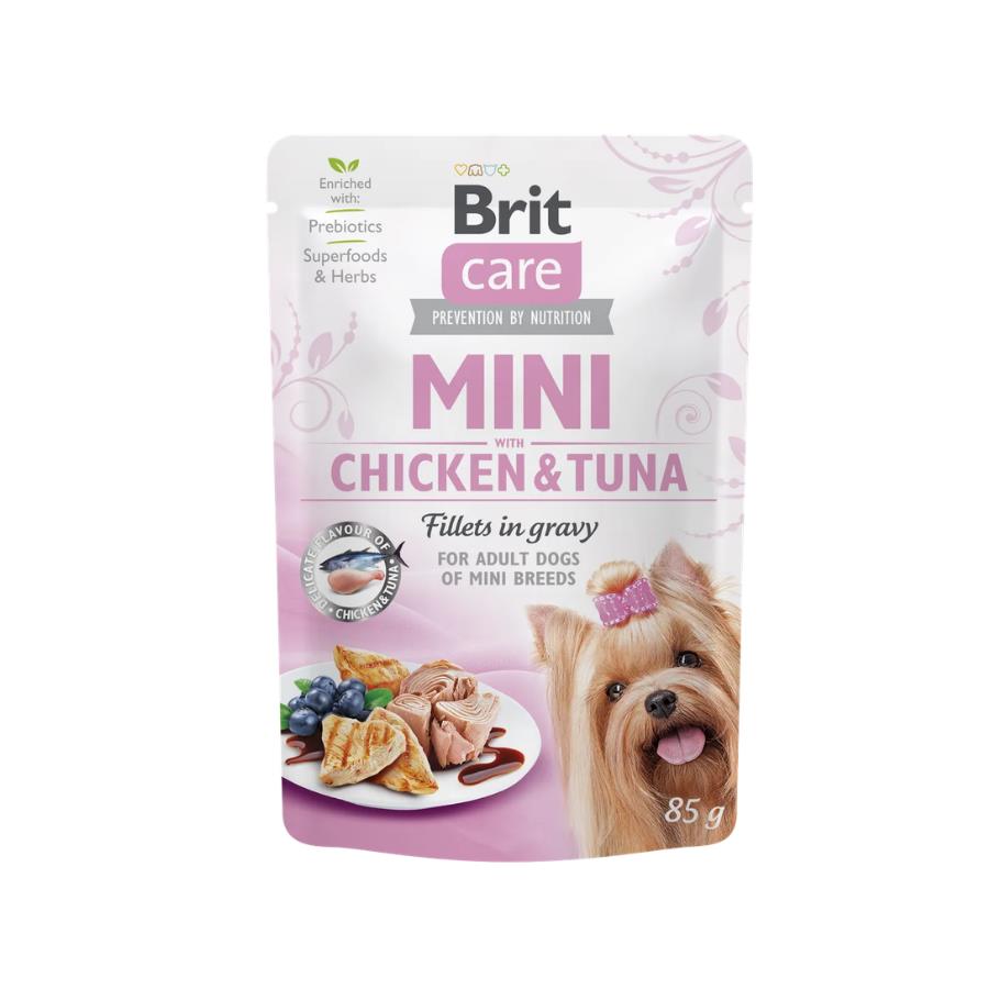[8595602554836] Brit Care Sos İçinde Fileto Et Parçalı Tavuk ve Ton Balıklı Mini Irk Yetişkin Köpek Konservesi 85 Gr